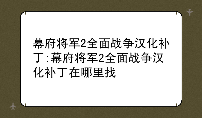 幕府将军2全面战争汉化补丁:幕府将军2全面战争汉化补丁在哪里找